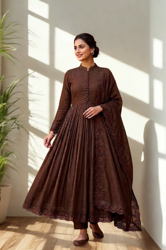 Brown Chinon Silk blend Embroidered Sequin Anarkali suit
