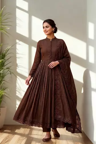 Brown Chinon Silk blend Embroidered Sequin Anarkali suit