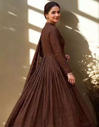 Brown Chinon Silk blend Embroidered Sequin Anarkali suit