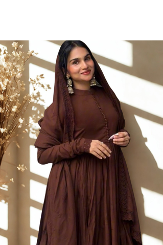 Brown Chinon Silk blend Embroidered Sequin Anarkali suit 3