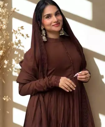 Brown Chinon Silk blend Embroidered Sequin Anarkali suit