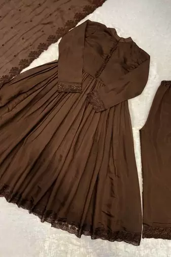 Brown Chinon Silk blend Embroidered Sequin Anarkali suit