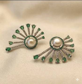 Magan Pearls & Jewels Green Stone and Pearl Stud Earrings with American Diamonds, Elegant Fan Design for Wedding 1