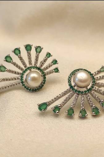 Magan Pearls & Jewels Green Stone and Pearl Stud Earrings with American Diamonds, Elegant Fan Design for Wedding