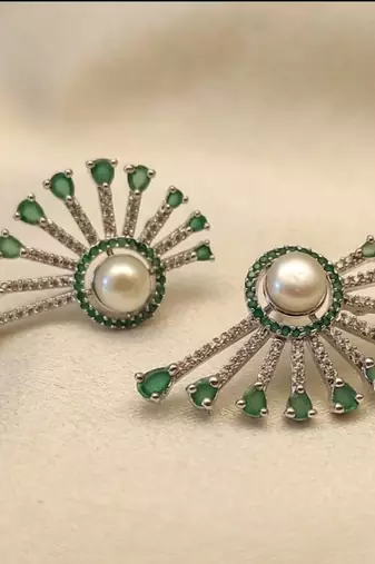 Magan Pearls & Jewels Green Stone and Pearl Stud Earrings with American Diamonds, Elegant Fan Design for Wedding