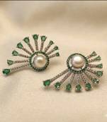 Magan Pearls & Jewels Green Stone and Pearl Stud Earrings with American Diamonds, Elegant Fan Design for Wedding