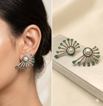 Magan Pearls & Jewels Green Stone and Pearl Stud Earrings with American Diamonds, Elegant Fan Design for Wedding 2