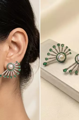 Magan Pearls & Jewels Green Stone and Pearl Stud Earrings with American Diamonds, Elegant Fan Design for Wedding