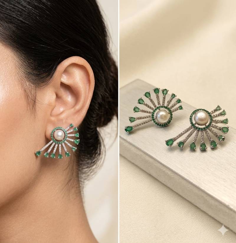 Magan Pearls & Jewels Green Stone and Pearl Stud Earrings with American Diamonds, Elegant Fan Design for Wedding