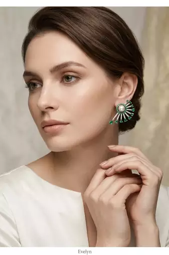 Magan Pearls & Jewels Green Stone and Pearl Stud Earrings with American Diamonds, Elegant Fan Design for Wedding