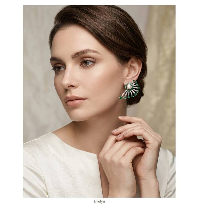 Magan Pearls & Jewels Green Stone and Pearl Stud Earrings with American Diamonds, Elegant Fan Design for Wedding
