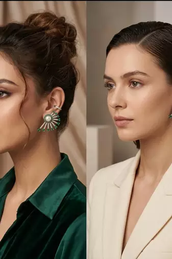 Magan Pearls & Jewels Green Stone and Pearl Stud Earrings with American Diamonds, Elegant Fan Design for Wedding