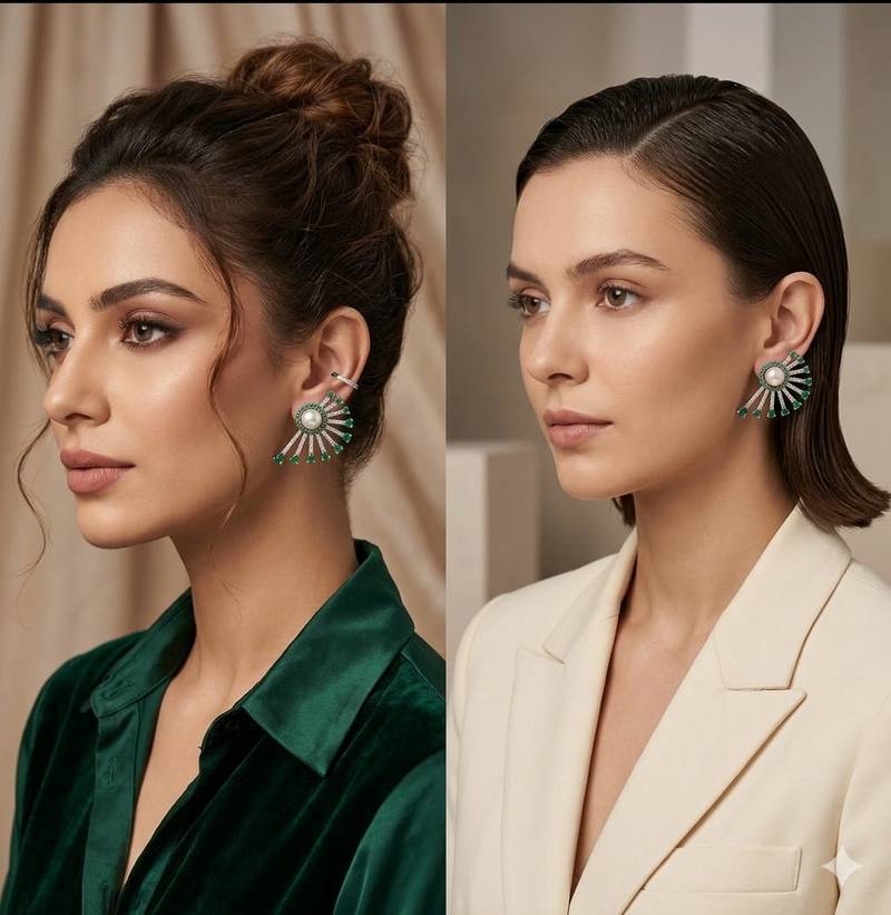 Magan Pearls & Jewels Green Stone and Pearl Stud Earrings with American Diamonds, Elegant Fan Design for Wedding