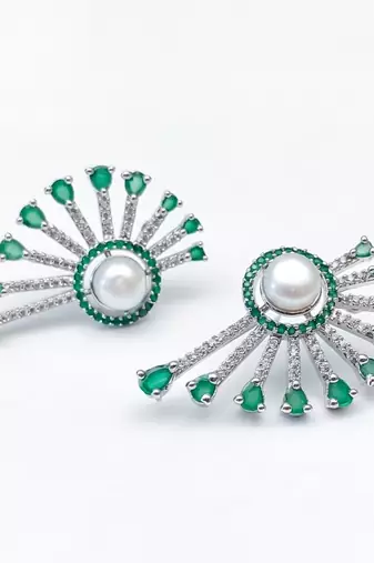 Magan Pearls & Jewels Green Stone and Pearl Stud Earrings with American Diamonds, Elegant Fan Design for Wedding