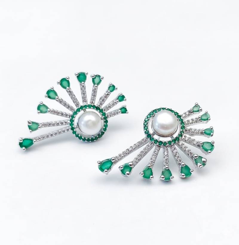 Magan Pearls & Jewels Green Stone and Pearl Stud Earrings with American Diamonds, Elegant Fan Design for Wedding