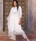 White embroidered viscose chanderi kurta pant set with organza dupatta