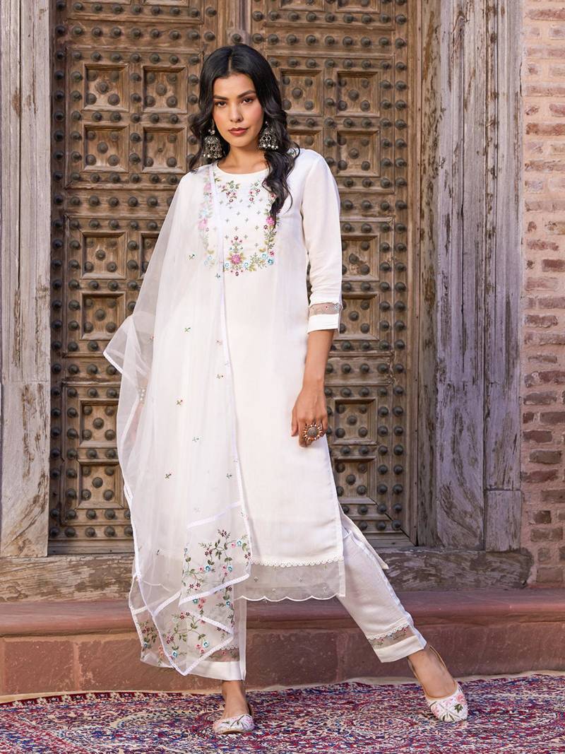 White embroidered viscose chanderi kurta pant set with organza dupatta