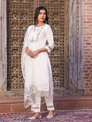 White embroidered viscose chanderi kurta pant set with organza dupatta 2