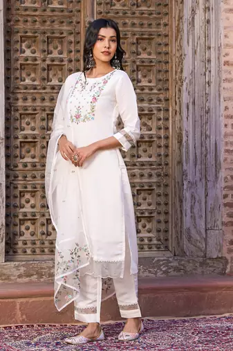 White embroidered viscose chanderi kurta pant set with organza dupatta