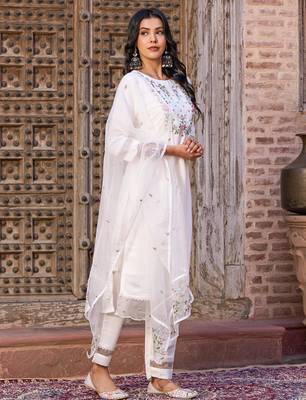 White embroidered viscose chanderi kurta pant set with organza dupatta 3