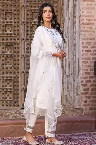 White embroidered viscose chanderi kurta pant set with organza dupatta