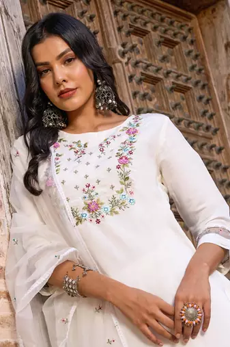 White embroidered viscose chanderi kurta pant set with organza dupatta