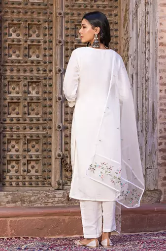 White embroidered viscose chanderi kurta pant set with organza dupatta