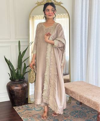 beige vichitra silk blend embroidered kurta pant set with dupatta 1