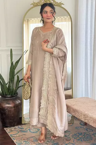 beige vichitra silk blend embroidered kurta pant set with dupatta