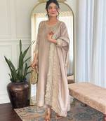 beige vichitra silk blend embroidered kurta pant set with dupatta