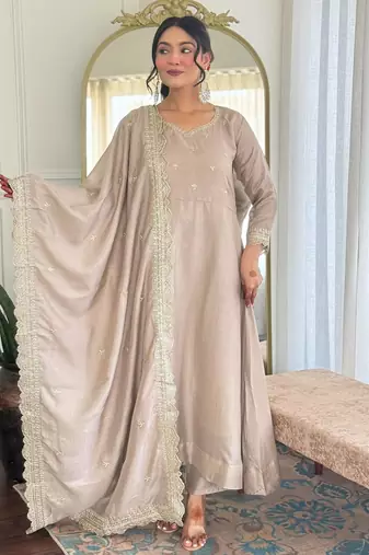 beige vichitra silk blend embroidered kurta pant set with dupatta