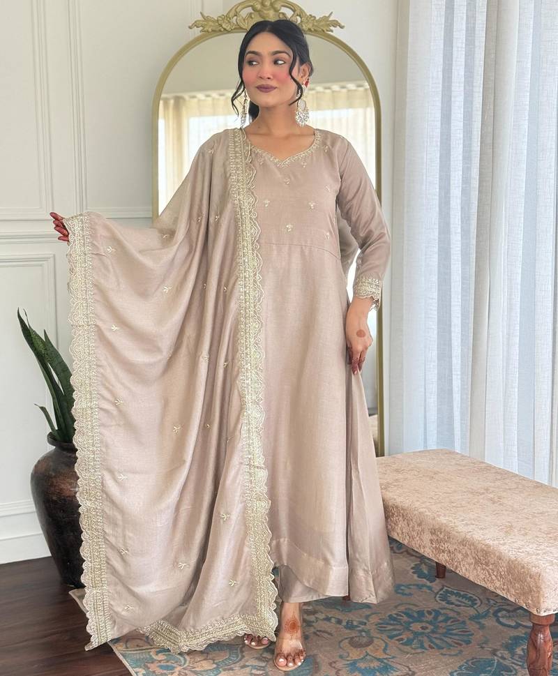 beige vichitra silk blend embroidered kurta pant set with dupatta