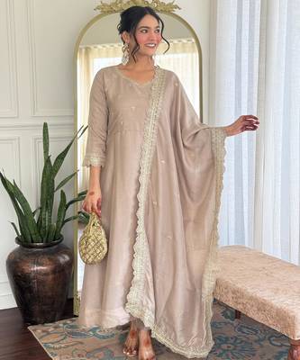 beige vichitra silk blend embroidered kurta pant set with dupatta 3