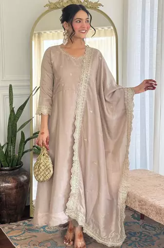 beige vichitra silk blend embroidered kurta pant set with dupatta