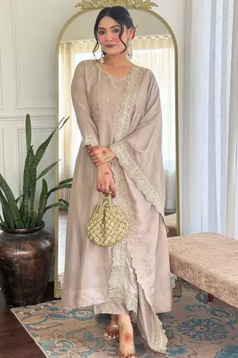 beige vichitra silk blend embroidered kurta pant set with dupatta
