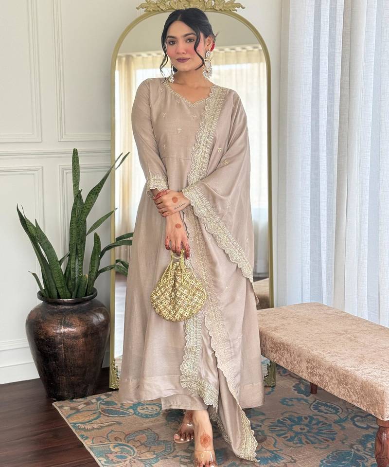 beige vichitra silk blend embroidered kurta pant set with dupatta