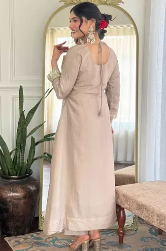 beige vichitra silk blend embroidered kurta pant set with dupatta