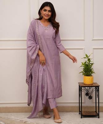 Onion pink viscose chanderi kurta pant set with dupatta 1