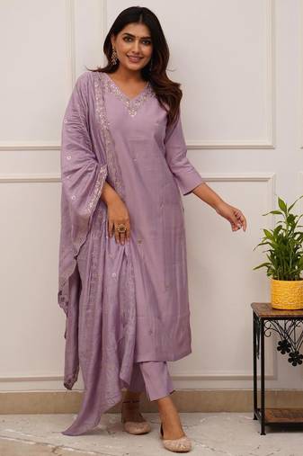 Onion pink viscose chanderi kurta pant set with dupatta