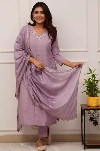 Onion pink viscose chanderi kurta pant set with dupatta