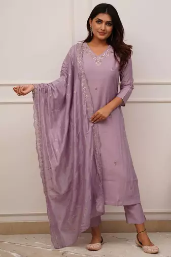 Onion pink viscose chanderi kurta pant set with dupatta
