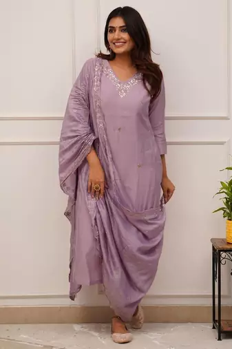 Onion pink viscose chanderi kurta pant set with dupatta