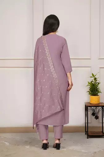 Onion pink viscose chanderi kurta pant set with dupatta
