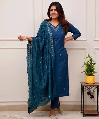 blue viscose chanderi kurta pant set with dupatta 1