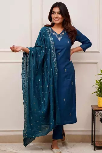 blue viscose chanderi kurta pant set with dupatta