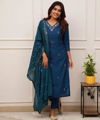 blue viscose chanderi kurta pant set with dupatta 2