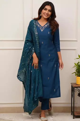 blue viscose chanderi kurta pant set with dupatta