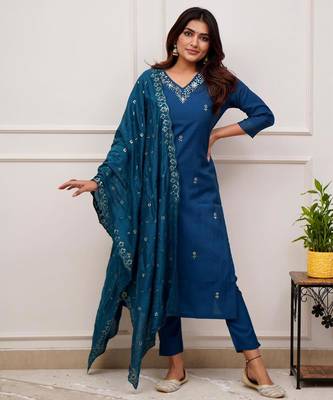 blue viscose chanderi kurta pant set with dupatta 3
