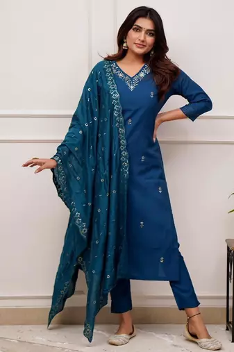 blue viscose chanderi kurta pant set with dupatta
