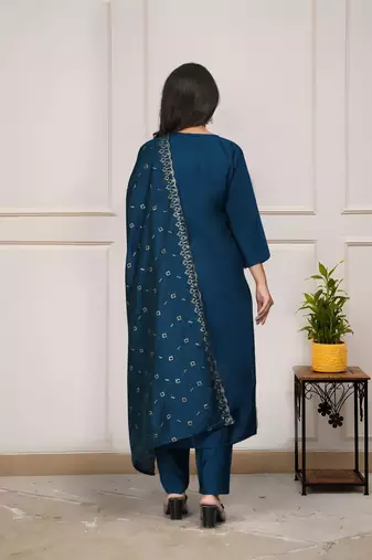 blue viscose chanderi kurta pant set with dupatta